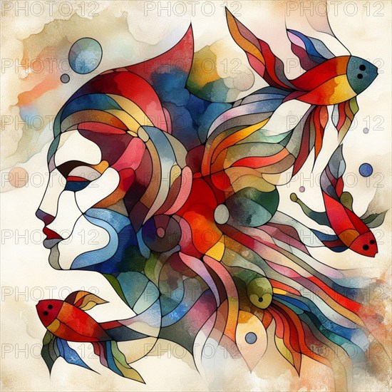 An abstract geometric artwork featuring a woman's face and fish, square aspect, AI generated