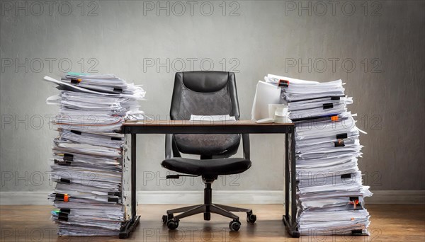 An empty workplace with an organised pile of documents on the desk, bureaucracy symbol, AI generated, AI generated