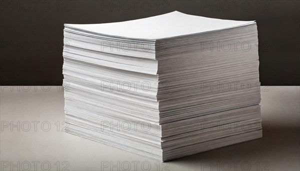 A neatly stacked, massive pile of paper on a flat surface in neutral light, symbol bureaucracy, AI generated, AI generated