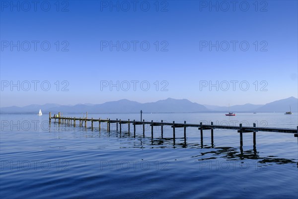 Lake Chiemsee with mountains from Hotel Malerwinkel, Chiemgau, Upper Bavaria, Bavaria, Germany, Europe