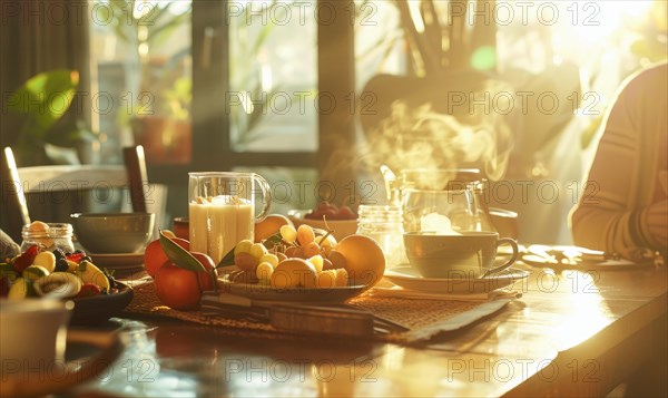 Cozy morning breakfast scene with steaming coffee and a platter of fruit in warm sunlight AI generated