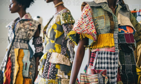 A lineup of mannequins dressed in vibrant, patchwork outfits showcasing diverse patterns and textures AI generated