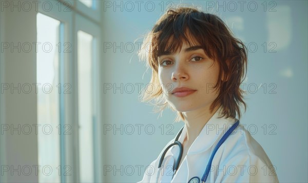 A woman in a medical coat with a stethoscope poses confidently AI generated