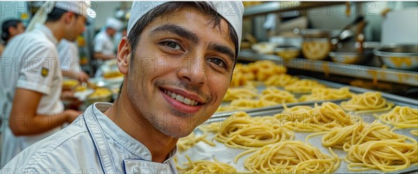 Young Pastry chef apprentice with a smile working with fresh spaghetti pasta, surrounded by professional kitchen environment, AI generated
