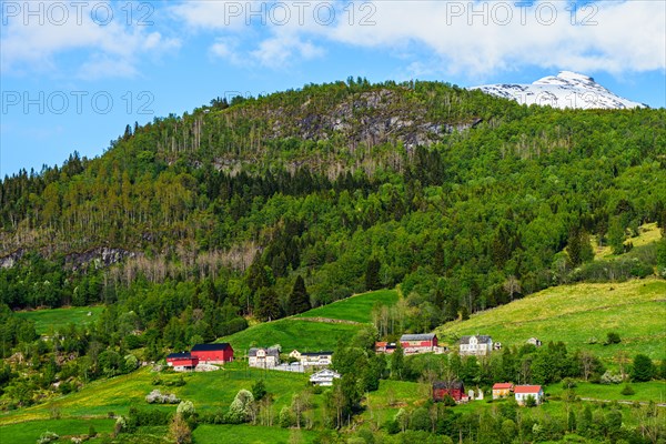 Mountains and Fjord over Norwegian Village, Olden, Innvikfjorden, Norway, Europe