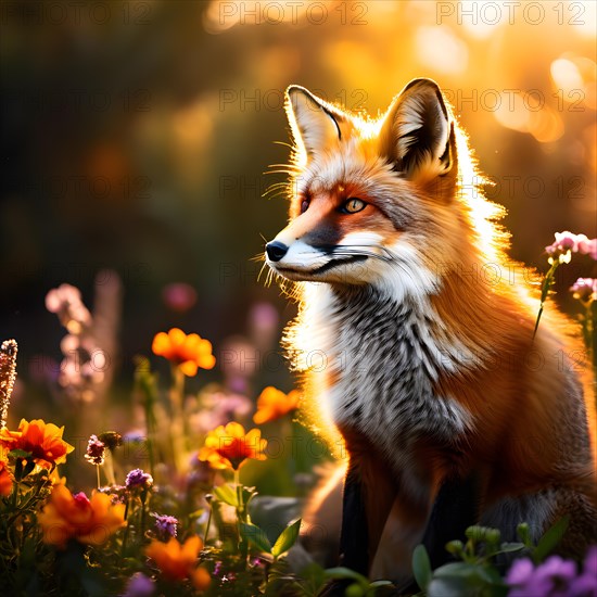 Fox in vibrant summer flowers field in warm sunlight, AI generated