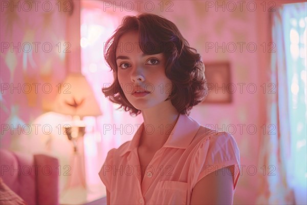 A dreamy shot of a woman in a bedroom with soft focus and pink hues evoking a retro feel, AI generated