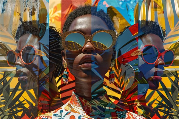 Artistic double exposure of a woman with vibrant African pattern overlay and chic sunglasses, illustration, AI generated