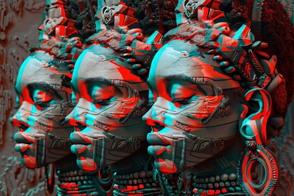 Anaglyph 3D image of patterned skull sculptures creating a visual trick with red and cyan textures, illustration, AI generated