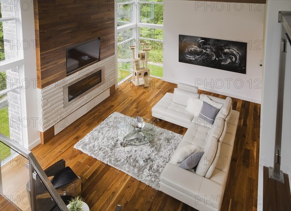 High angle view of living room with creamy beige colored L-shaped leather sofa and gas fireplace inside luxurious home, Quebec, Canada, North America