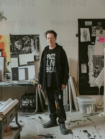 Individual in a graphic tee stands in a cluttered, artistic workspace with expressive intensity, AI generated