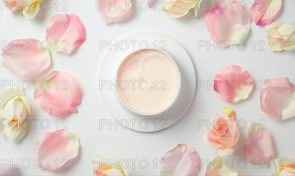 Blank creme jar mockup encircled by pastel flower petals on a white background, top view AI generated