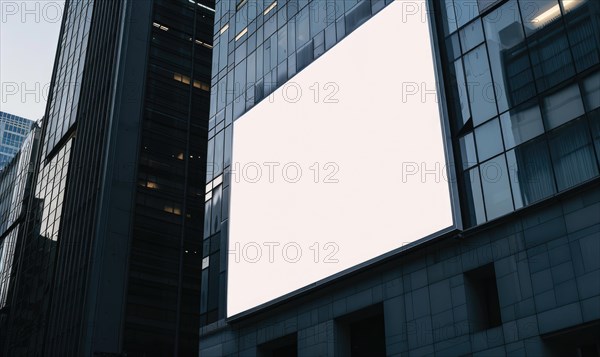 Blank screen banner mockup displayed on the modern building facade. Close Up view AI generated