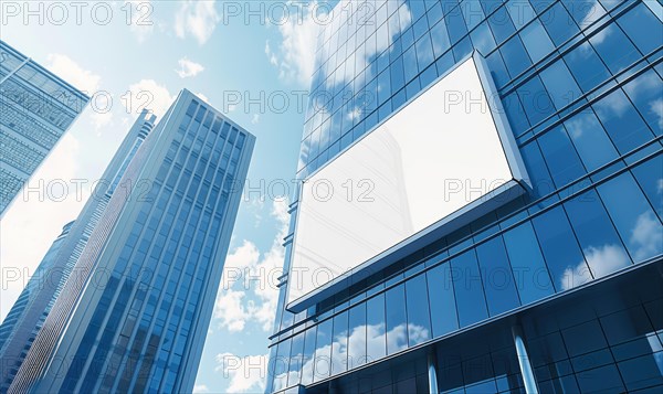 Blank screen banner mockup displayed on the modern building facade. Close Up view AI generated