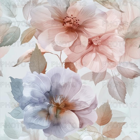 Floral watercolor pattern with delicate roses and foliage AI generated