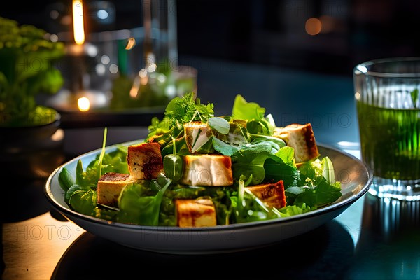 Savory tofu and greens salad showcased on a polished bar counter in neon lights, AI generated