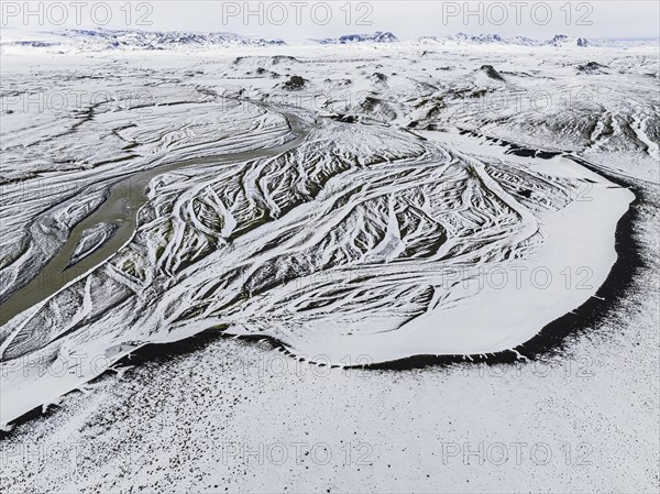 Overgrown river landscape, onset of winter, Fjallabak Nature Reserve, drone shot, Sudurland, Iceland, Europe