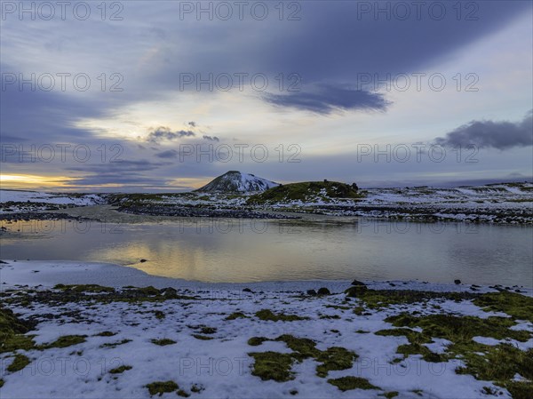 Overgrown river landscape, onset of winter, sunset, volcanic hills, Fjallabak Nature Reserve, drone shot, Sudurland, Iceland, Europe