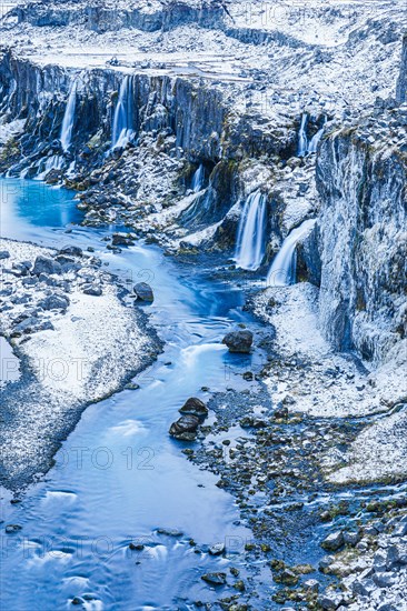 Hrauneyjarfoss waterfalls, onset of winter, Sudurland, Iceland, Europe