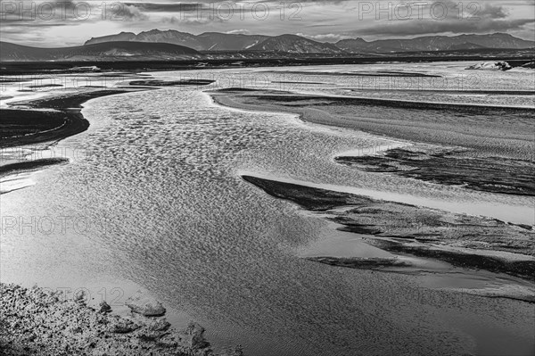 Overgrown river landscape, black and white photograph, Fjallabak Nature Reserve, Sudurland, Iceland, Europe