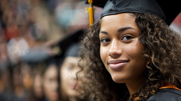 Smiling pretty female student in cap and gown at a graduation ceremony, representing educational achievement, AI generated