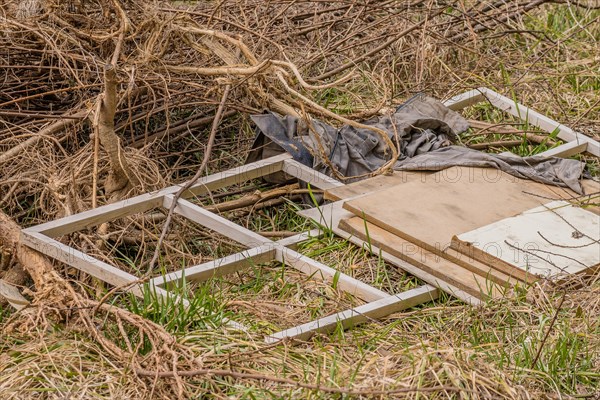 Discarded broken picture frames and a cloth among dry branches, in South Korea