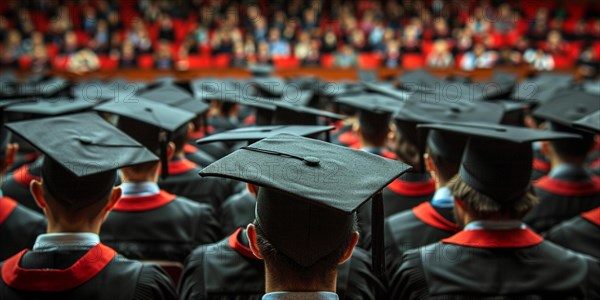 Crowd of graduates in red and black gowns during a gradutation ceremony, AI generated