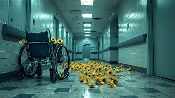 Yellow flowers are scattered along a hospital corridor with an empty wheelchair, AI generated
