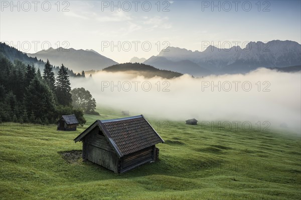 Sunrise and morning fog, Geroldsee or Wagenbruechsee, Kruen near Mittenwald, Werdenfelser Land, Upper Bavaria, Bavaria, Germany, Europe