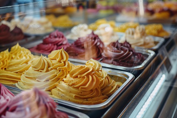 Different ice cream flavors in ice cream parlor. KI generiert, generiert, AI generated