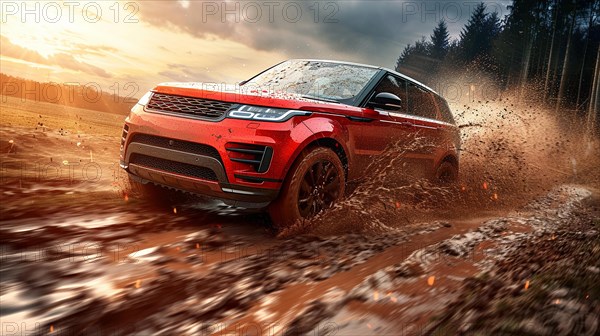 British Red SUV splashing through mud in a dynamic off-road adventure in the forest, AI generated
