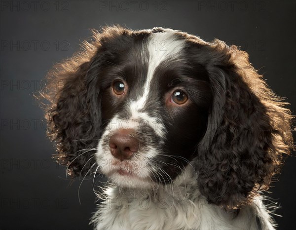 Dog, Muensterlaender, portrait, head only, puppies, dark background, AI generated, AI generated