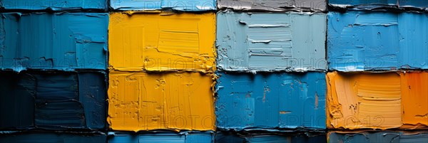 Geometric blocks of oil paint in blue and orange with heavy textures, banner 3:1 wide style, horizontal aspect ratio, AI generated