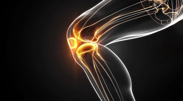 3D render of knee joint in motion with a striking yellow glow against a dark background, ai generated, AI generated