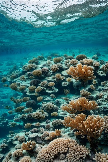 Coral reef juxtaposing patches of bleached coral with vivid marine life, AI generated