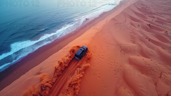 A solitary vehicle leaves a dusty trail along the ridge of coastal dunes beside a blue ocean, ai generated, AI generated