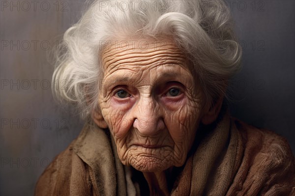 Portrait of very old wrinkled sad looking woman. KI generiert, generiert, AI generated