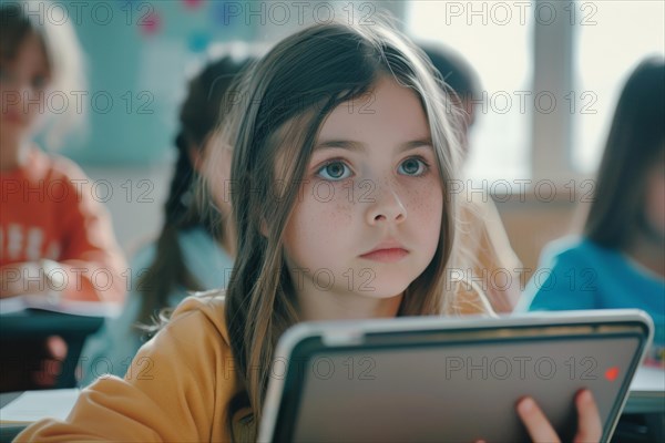 A pre-school girl sits in the classroom with a digital tablet and looks attentively, symbol image, digital teaching, learning environment, media skills, eLearning, media education, AI generated, AI generated, AI generated
