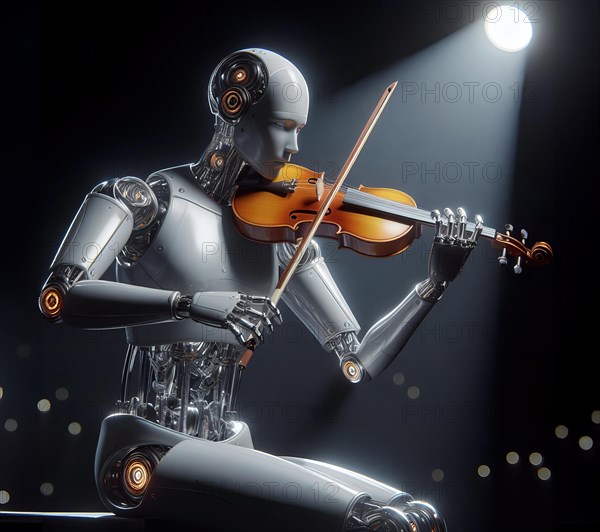 A humanoid robot stands in a concert hall and plays classical music with a violin, symbolic image cybernetics, science fiction, technology, art AI generated, AI generated
