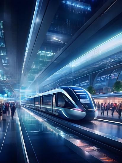 Conceptual digital rendering featuring a seamless transportation hub convergence of autonomous trains, AI generated