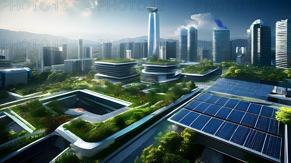 Conceptual futuristic sustainable city replete with green rooftops and integrated solar panels, AI generated