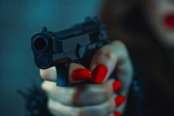 Close up of woman's hand with red painted fingernails holding gun. KI generiert, generiert, AI generated