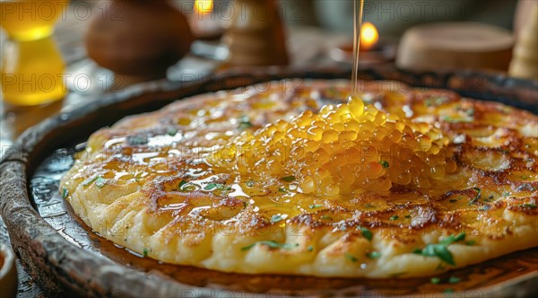 Honey being poured over a freshly cooked pancake garnished with sesame seeds, ai generated, AI generated