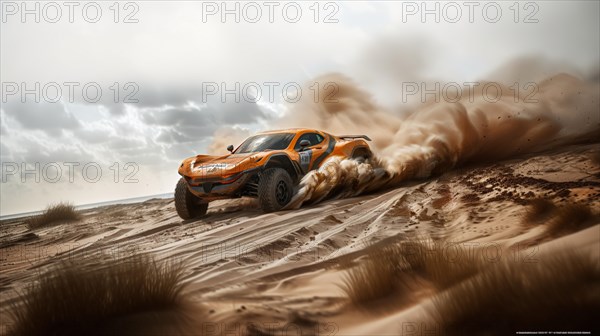 A racing truck aggressively tackling sand dunes, churning up a sandy wake, action sports photography, AI generated