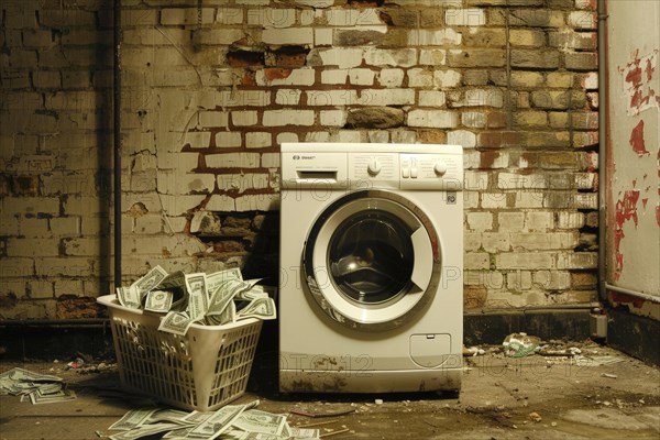 A laundry basket full of banknotes stands next to a washing machine in a neglected room, symbolising money laundering, illegally obtained money, AI generated, AI generated, AI generated