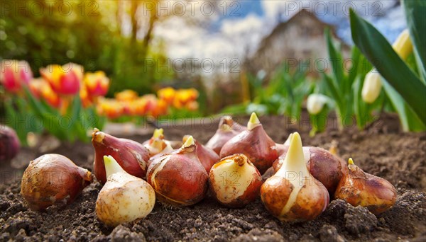 Tulip bulbs on the garden floor, AI generated, AI generated