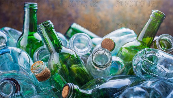 Used glass in a pile, only empty bottles, AI generated, AI generated