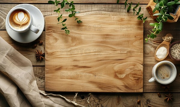 Overhead view of a coffee cup with latte art on a wooden cutting board surrounded by herbs AI generated