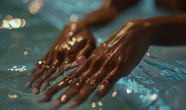 Hands covered in sparkling water drops against a reflective surface, suggesting tranquility and sensuality AI generated