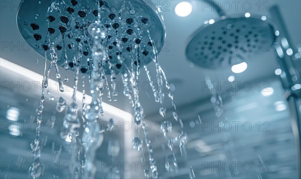 A luxurious bathroom setting with multiple shower heads pouring water AI generated
